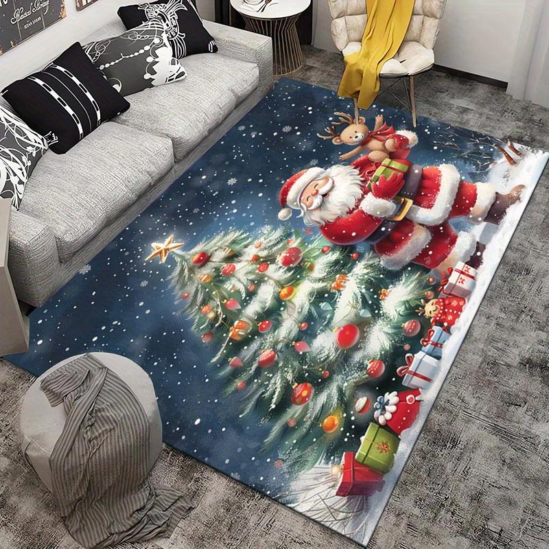 Christmas Santa Claus Rug with Reindeer and Tree Design - Festive Holiday Living Room Carpet, Seasonal Decoration