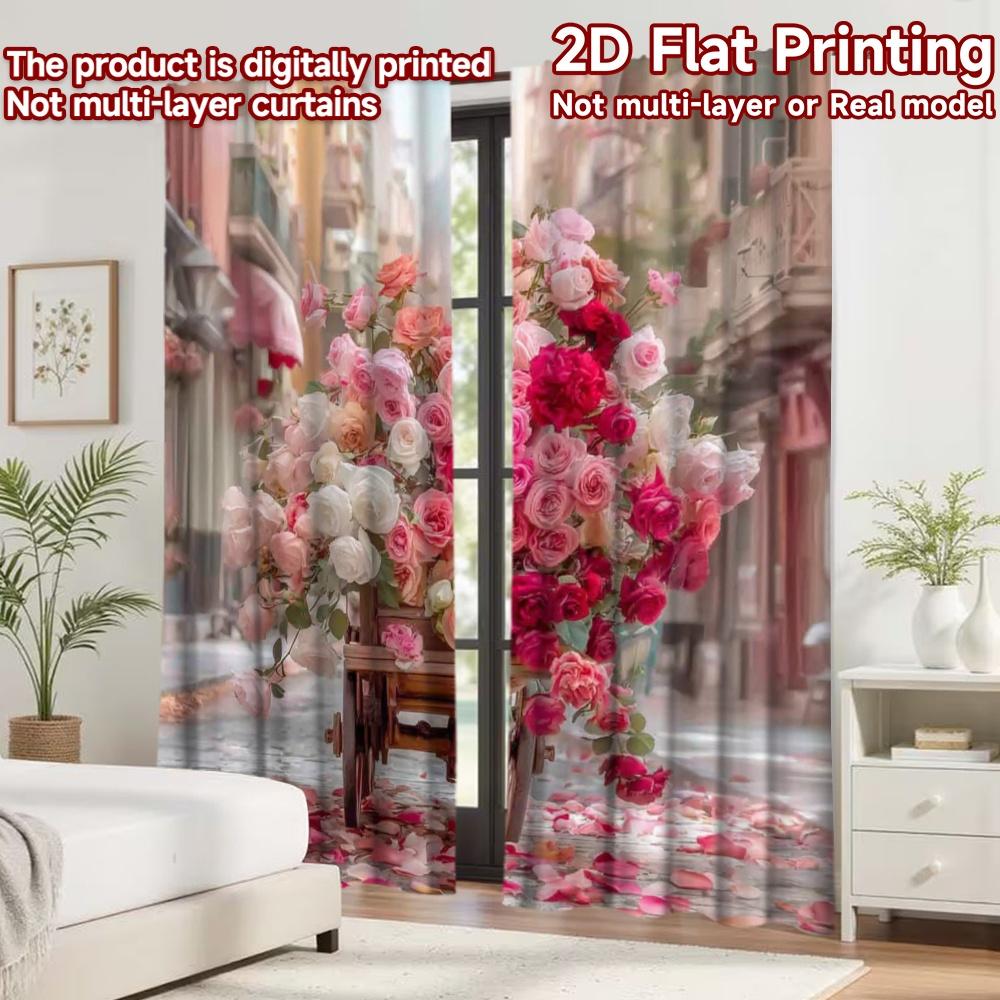 2D flat printing 2pcs Curtain Drapes Valentine's Roses Cart Digital Printed Polyester Drapes Seasonal Party & Holiday Decor Use