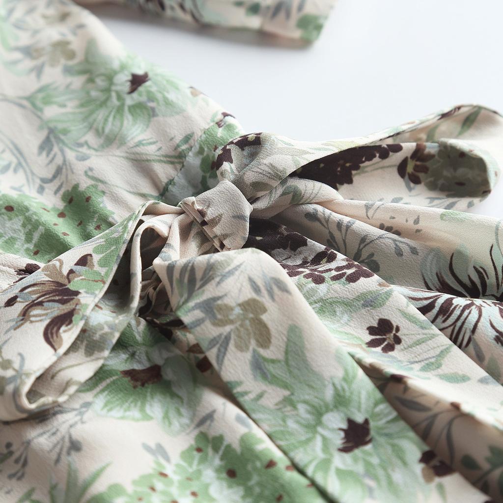 [Mint Manbo] Spring/Summer V-neck Printed Lace for Skinny Silk Dress, Mulberry Silk Style Long Dress for Women