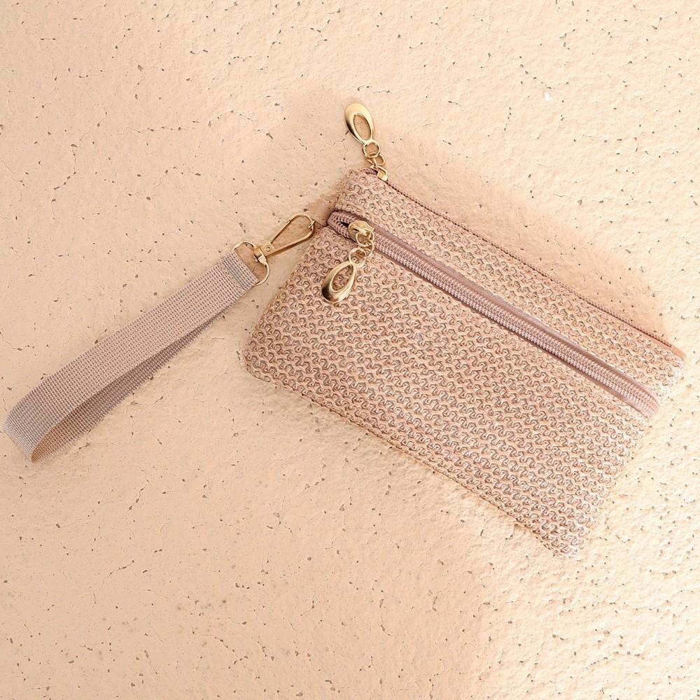 Fashion Double Zipper Straw Wallet Zipper Closure Handmade Mini Wallet Woven Texture Durable Straw Coin Purse For Lady