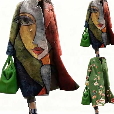Women's Long-sleeved Solid Color Floral Print Lapel Coat