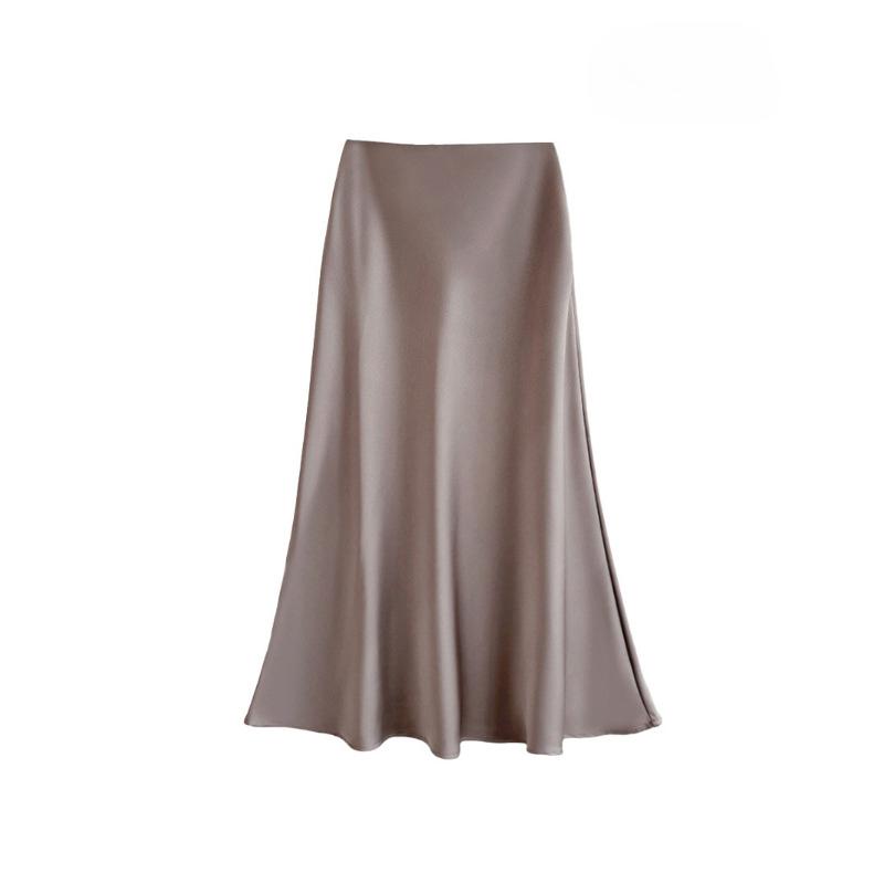 Satin High Waisted Midi Skirts for Women Hidden Elasticized Waistband A Line Flared Skirt Women's Spring Summer Silk Cocktail Flowy A-Line Skirts