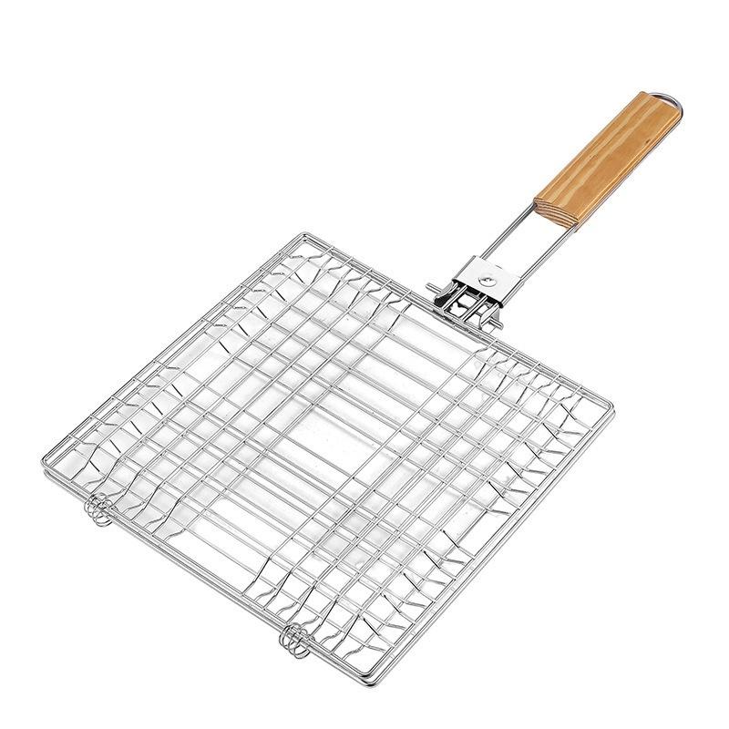 Stainless Steel BBQ Grilling Basket Nonstick Foldable BBQ Grill With Wooden Handle Meat Fish Clip Holder BBQ Accessories