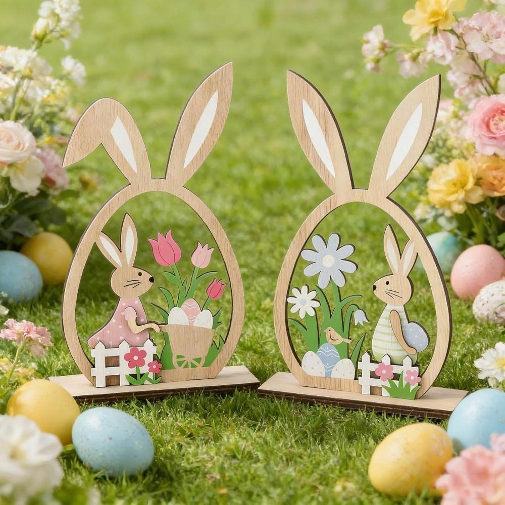 2Pcs Flower Easter Bunny Ornament Farmhouse Rustic Bunny Desktop Decorative  Spring Festival