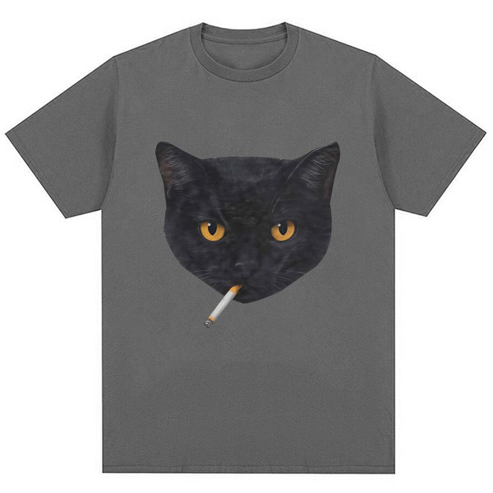 Funny Smoking Black Cat Meme Graphic T Shirt Unisex Women Fashion Vintage Short Sleeve Oversized Cotton Casual Tshirts Streetwear