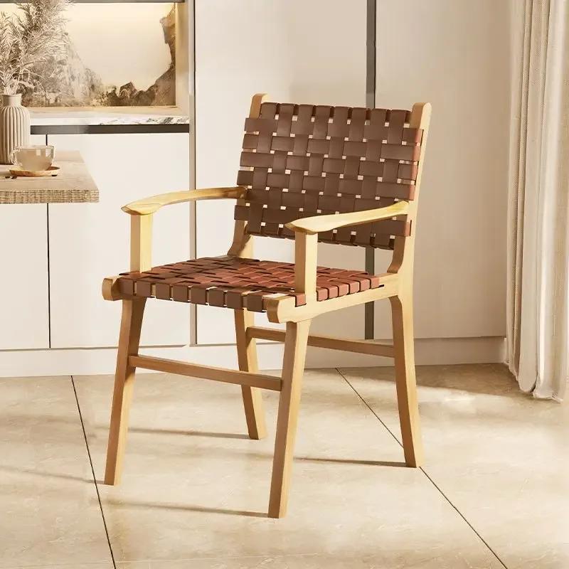 Nordic Wooden Rattan Lightweight Luxury Balcony Chair Rope-Woven Lazy Recliner Stylish Saddle Backrest Seat