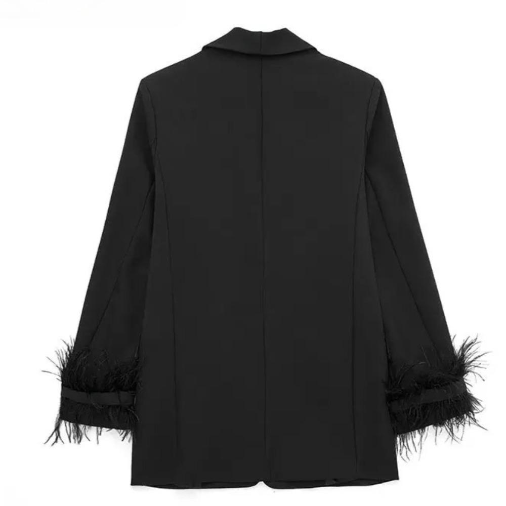 Women Fashion Satin Black with Feather Blazer Jacket Vintage Notched Neck Single Button Long Sleeves Female Outfits