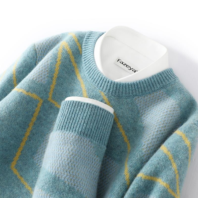 New Round Neck Jacquard Men's Cardigan Loose Plaid Sweater Sweater Warm Skin-friendly Base Shirt for Men