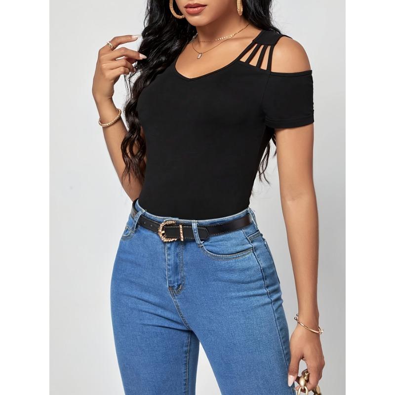 

Летний Новый Модный Сексуальный Однотонный Топ-свитер с V-образным вырезом и открытыми плечами, Облегающий S чёрный