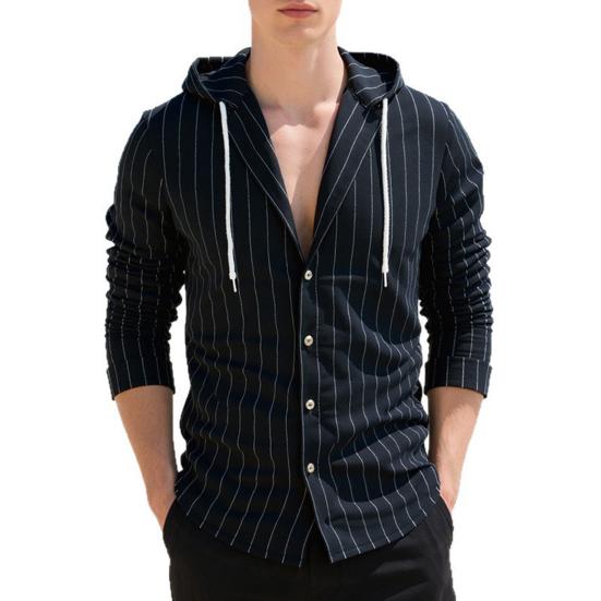 Men Stripe Hooded Shirt Linen Long Sleeve Button Down Shirt