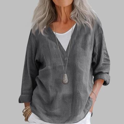 Women's Fashion Casual Cotton Linen V-Neck Long Sleeve Pullover Top