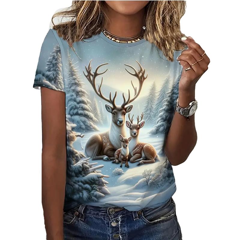 

Модная женская футболка с принтом лося и оленя, забавная повседневная футболка с круглым вырезом и короткими рукавами, летняя женская футболка 8XL белый