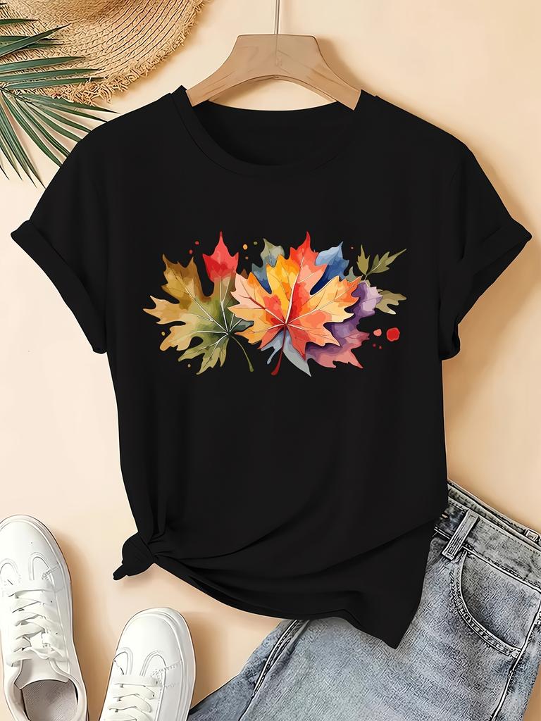 Watercolor Autumn Maple Leaves Graphic Tshirt Gift For Fall Leaf Lovers Casual Everyday Wear Unisexs Y2k Tops Clothes Outfit