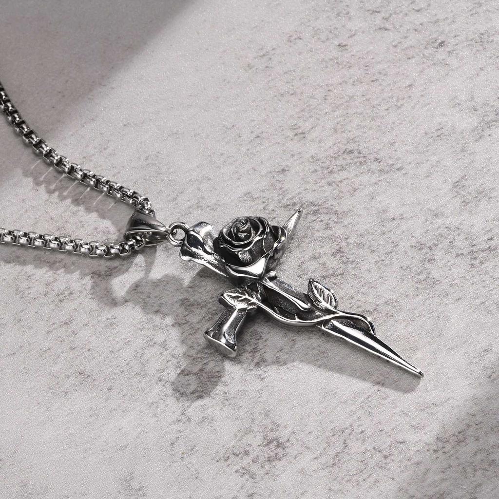 Nuove Collane con Fiore di Rosa Gotico Punk per Uomo Regalo Rapper Hip-hop, Acciaio Inossidabile Impermeabile Collare con Ciondolo a Croce Retro Gioielli