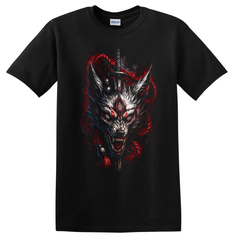 Wolf Samurai T Shirt Japanese Style Graphic Tee Art Fire Dragon Design