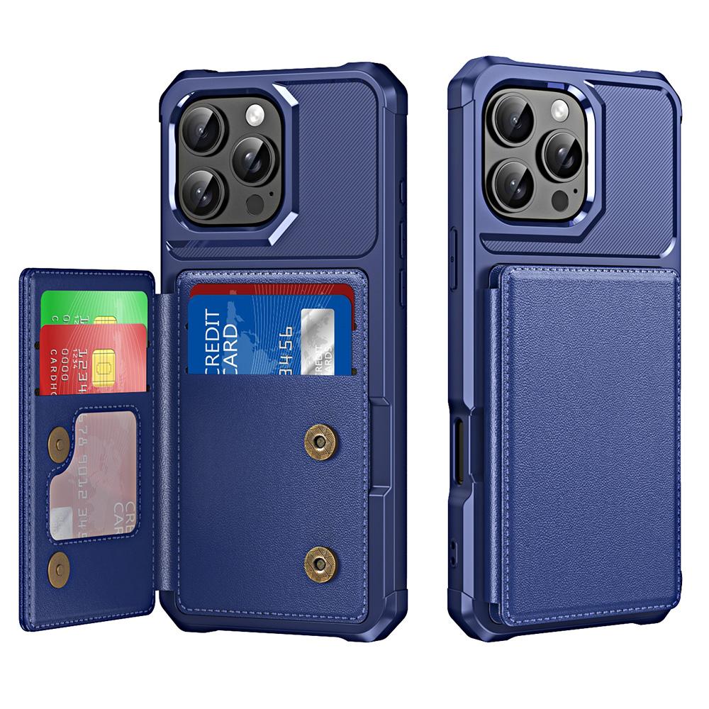 

For iPhone 16 Pro Max Case Card Slot Kickstand Leather+TPU Reinforced Corner Phone Cover Dark Blue