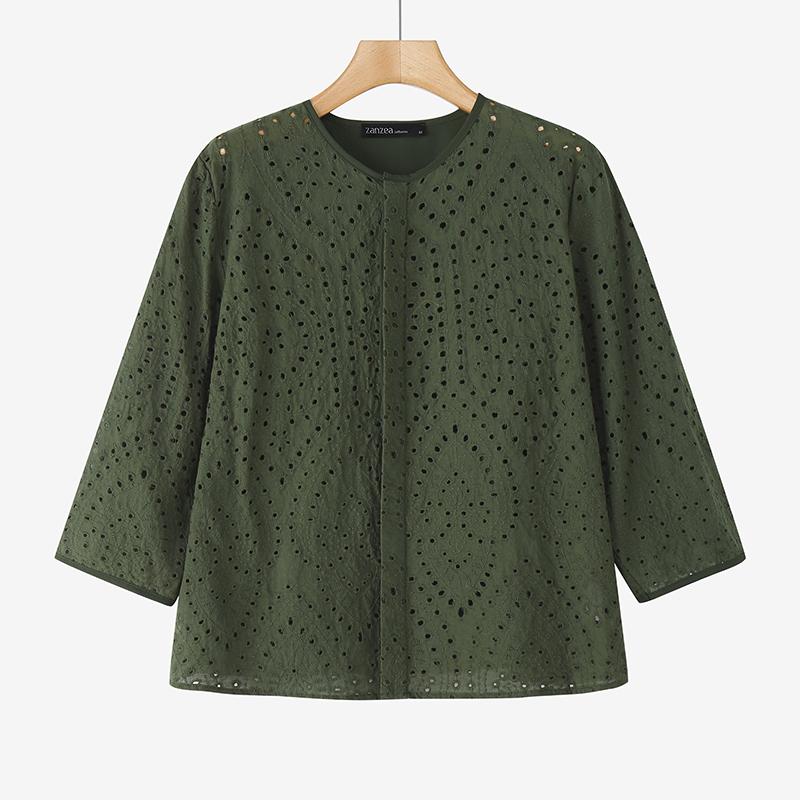 ZANZEA Dámská letní halenka s kulatým výstřihem, 3/4 rukávy, krajkovým háčkovaným patchworkem, volného střihu