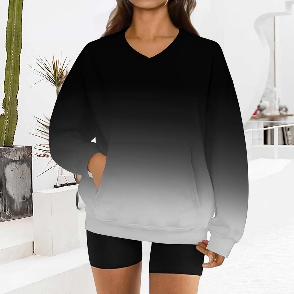 Damenmode Sweatshirt mit Farbverlaufdruck, langen Ärmeln und V-Ausschnitt