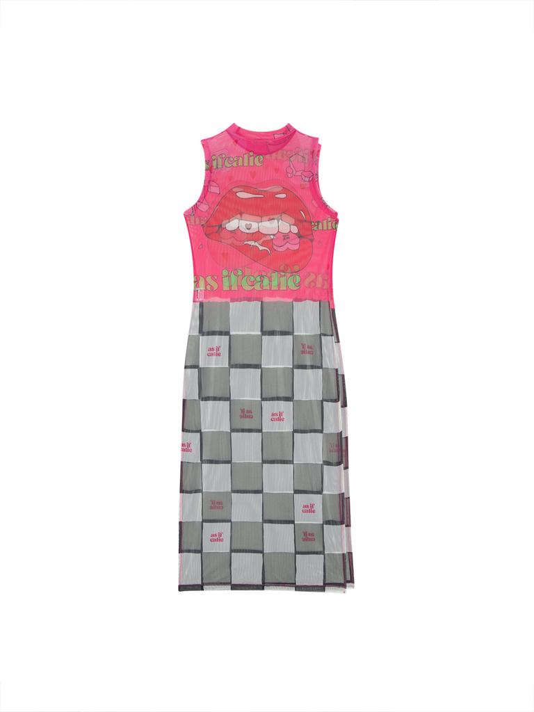 As If Cali Mesh Checker Board Dress Black