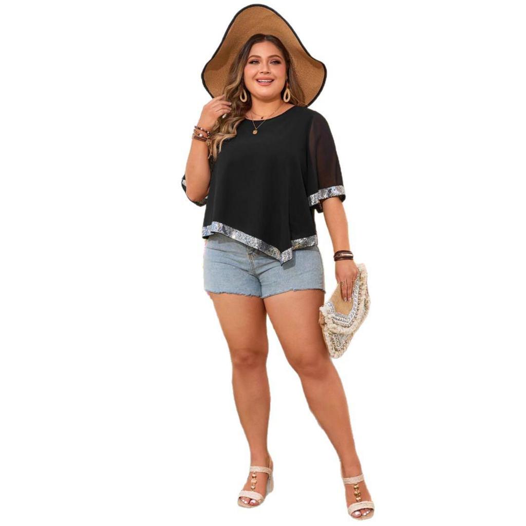 Plus Size Women's Black Irregular Hem Top - Loose Round Neck for Spring/Summer