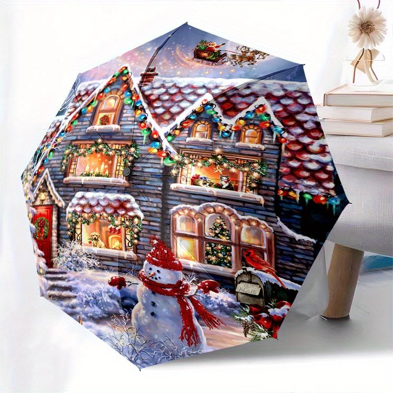Christmas, Winter Wonderland Theme 8 Bone Hand Automatic Folding Umbrella, Compact and Portable Design, A Perfect Gift for Birthday, Christm