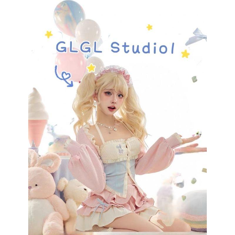 Noua culoare dulce contrastantă Lolita Set două piese femei mozaic atârnat gât piept top + cardigan scurt roz + fundă fustă tort costum fată