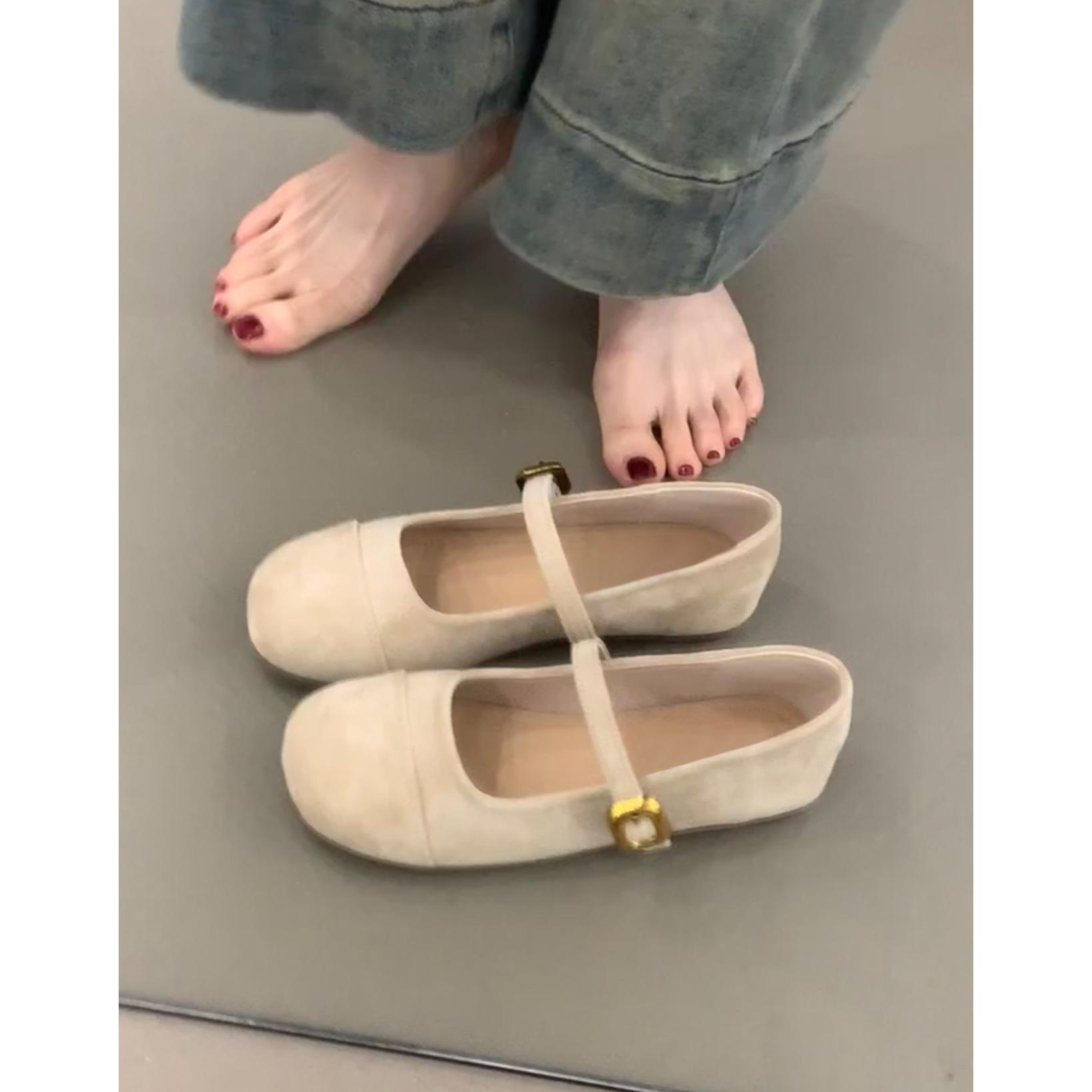 

Sheepskin version~ Genuine leather retro square head flat bottom Mary Jane shoes women s French gentle one-word buckle evening ballet shoes 35