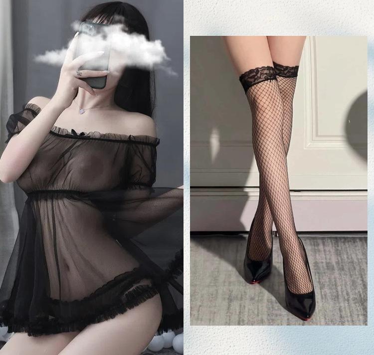New sexy underwear perspective princess suit one-word shoulder mesh skirt seduces girl transparent milk leakage nightdress