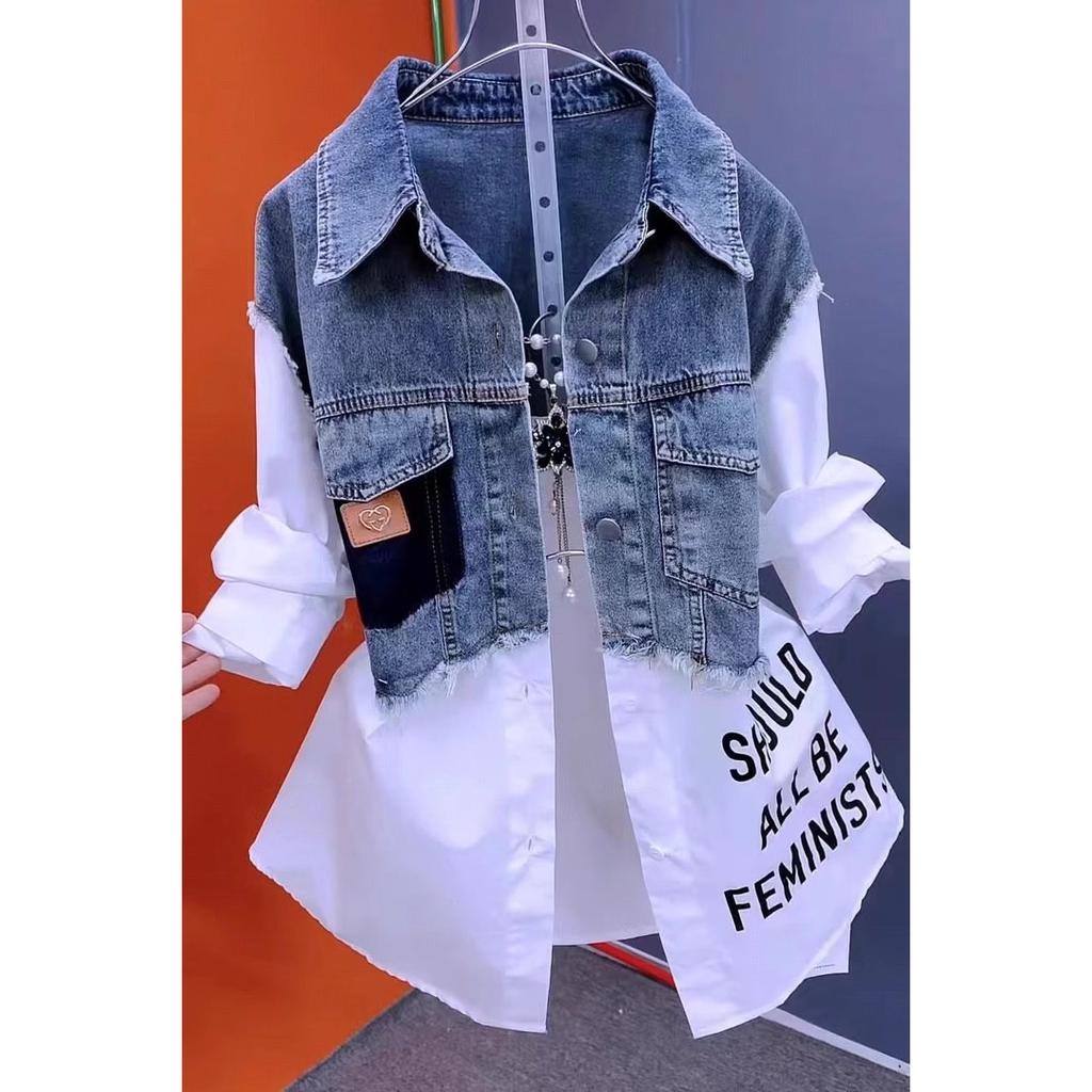 Tops de Mujer Casuales de Primavera y Otoño a la Moda Joker con Costuras a Rayas Diseño de Chaqueta Vaquera para Mujer Camisas Vaqueras Falsas de Dos Piezas Talla Grande