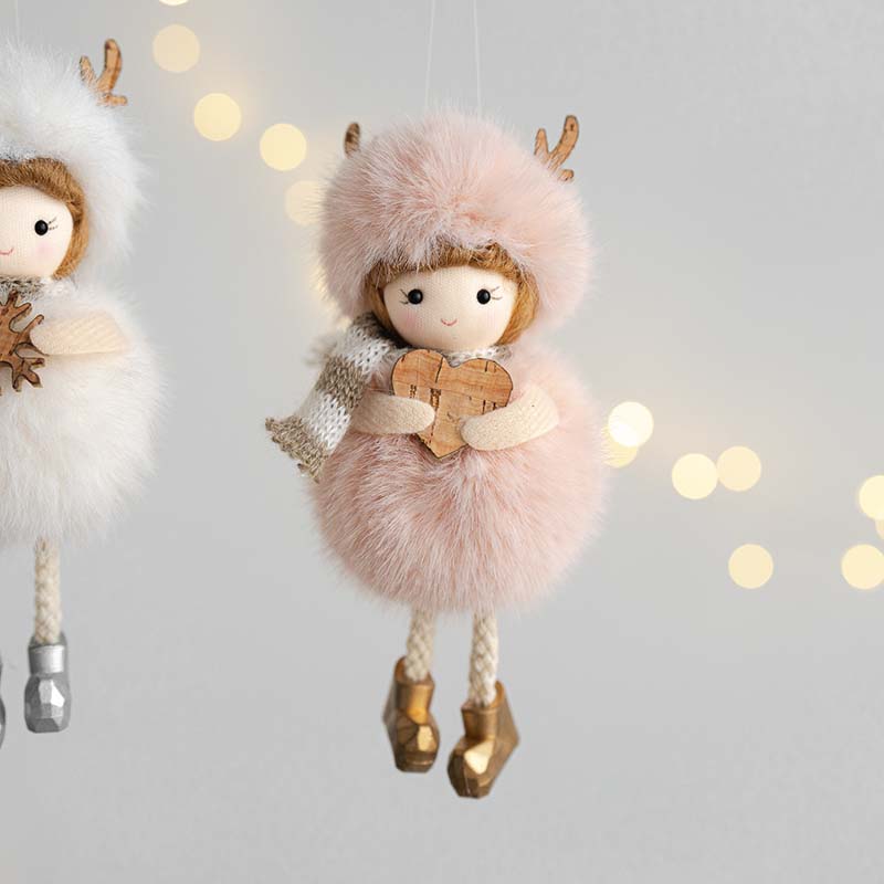 WTEMPO Charming Angel Round-Bellied Deer Antler Doll Hanging Pendents White Pink Christmas Ornaments Easy-Hang for Christmas Tree & Festive Party