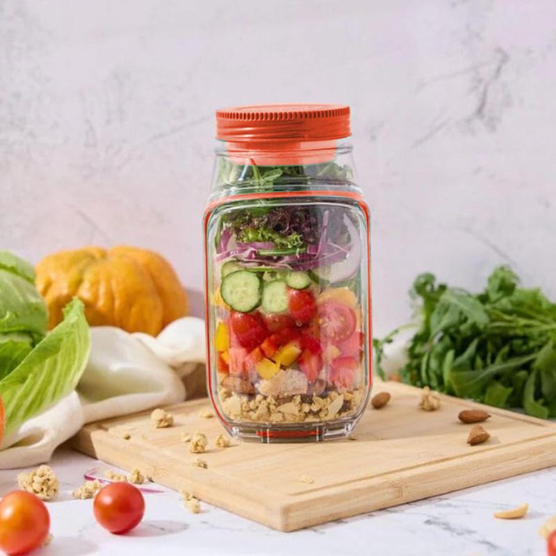 Salad Jar,Mason Jar Salad Container With Side Opening, Dressing Bowl, Sauce Compartments, Microwave-Safe, Freezer And Dishwasher