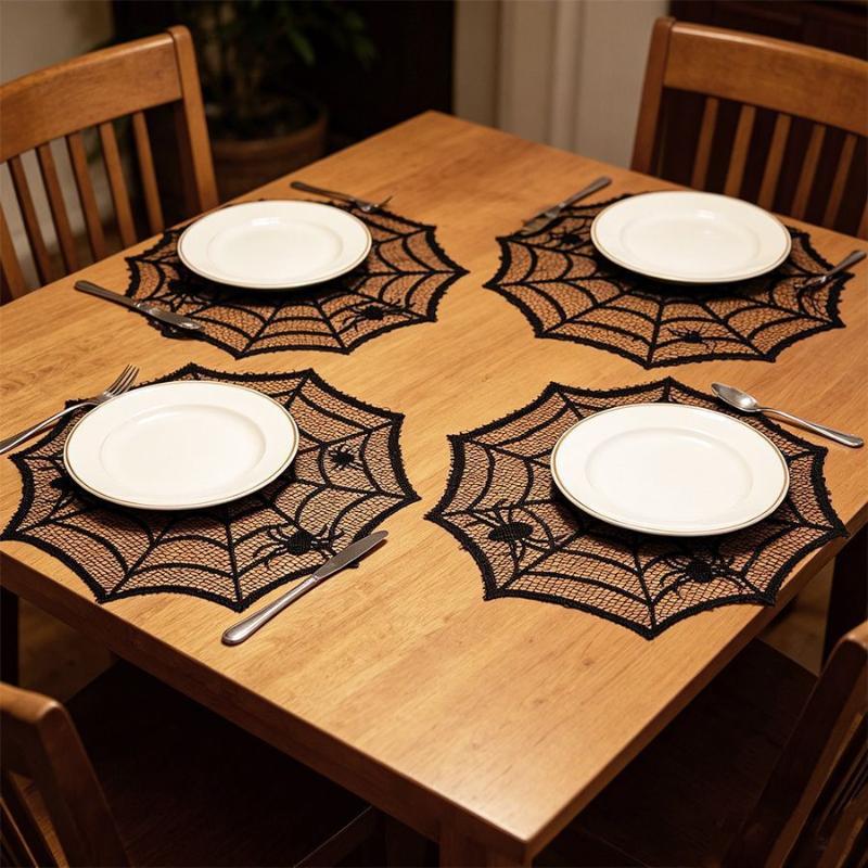 2/4Pcs Spider Web Black Lace Tablecloth Halloween Table Cloth Decorative Placemat Cosplay Spider Silk Party Table Ornament