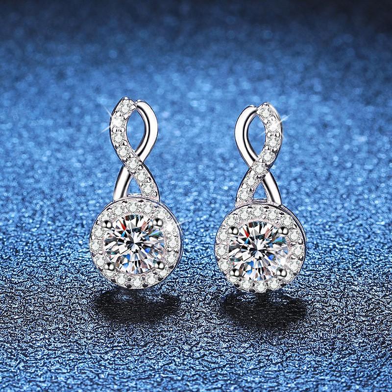 Sterling Earrings Women 8-Shaped Round Studs With Full CZ D-Color Moissanite 1ct Equivalent 925 Sterling Silver