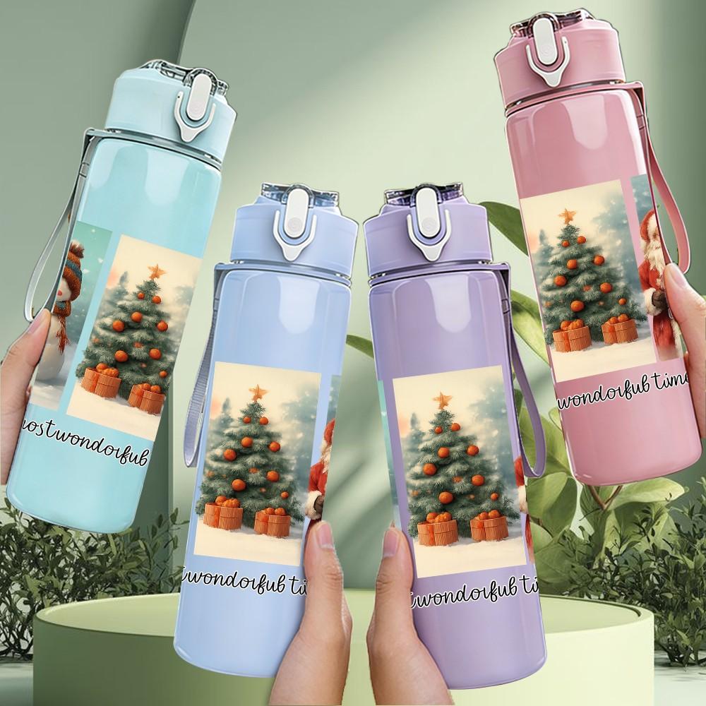 1PC Christmas Santa Snowman Scene 750ml Color Plastic Sports Water Bottle Leakproof Flip Straw Lid Suitable for Sports Office Home Use