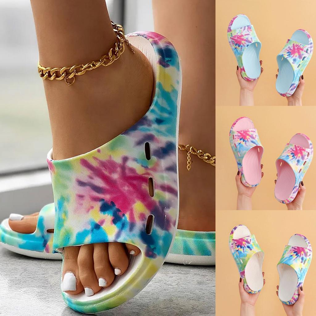 Womens Slippers With Bow Home Slippers For Women In Summer Thick Soles Silent Bathroom Sandals Tie Dyed Prints Sandals For Woman