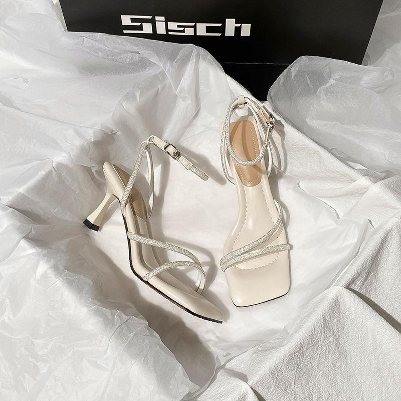 One-word high-heeled sandals with rhinestones for women to wear outside in the summer of 2025, and square-headed high-heeled shoes for women are 