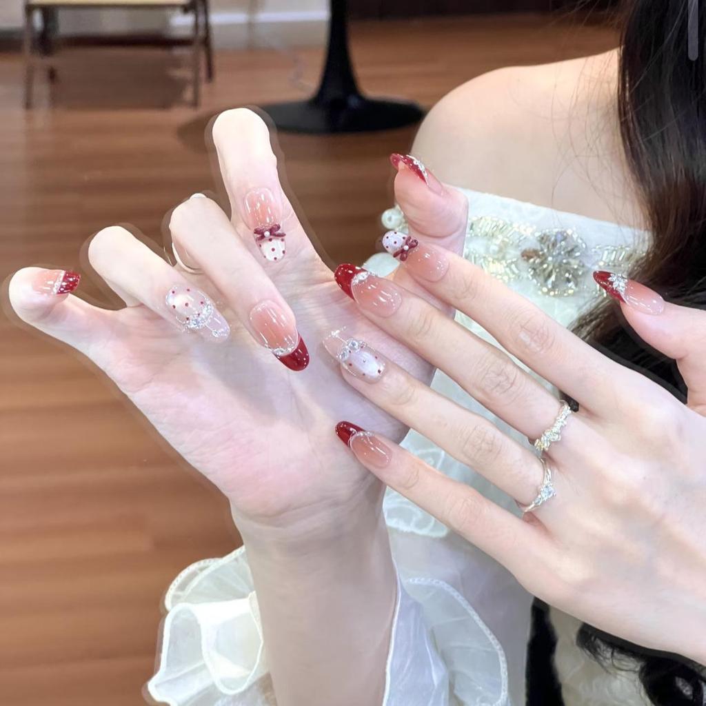 2026 Color Wearable Nails: French New Year Red Ballet, Polka Dot, Cat Eye Manicure Medium-Long Nail Tips