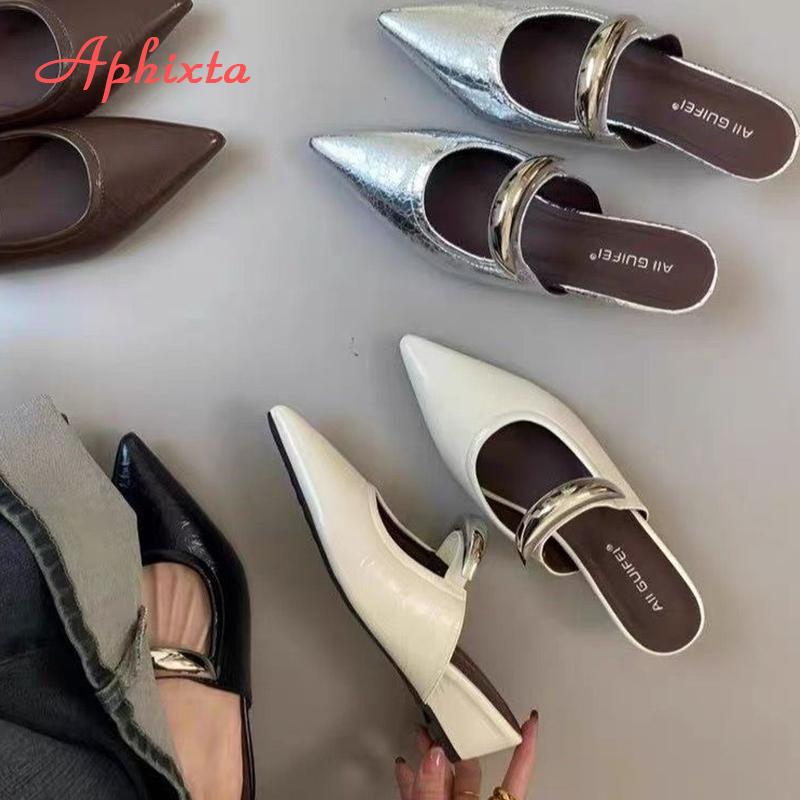 Fashion Aphixta Concise Metal Dec Fashion Summer Shoes Woman Low Heel Women Silver Pointed Toe Slides Sandals Heels Zapatos De Mujer