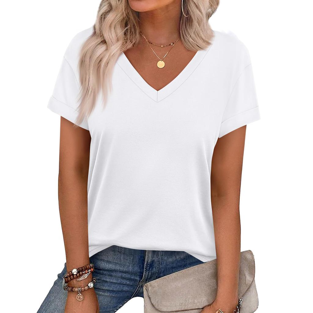 Women's Casual V Neck Short Sleeve Top Relaxed Fit Lightweight Soft Fabric Comfortable Daily Wear Summer Spring Blouse