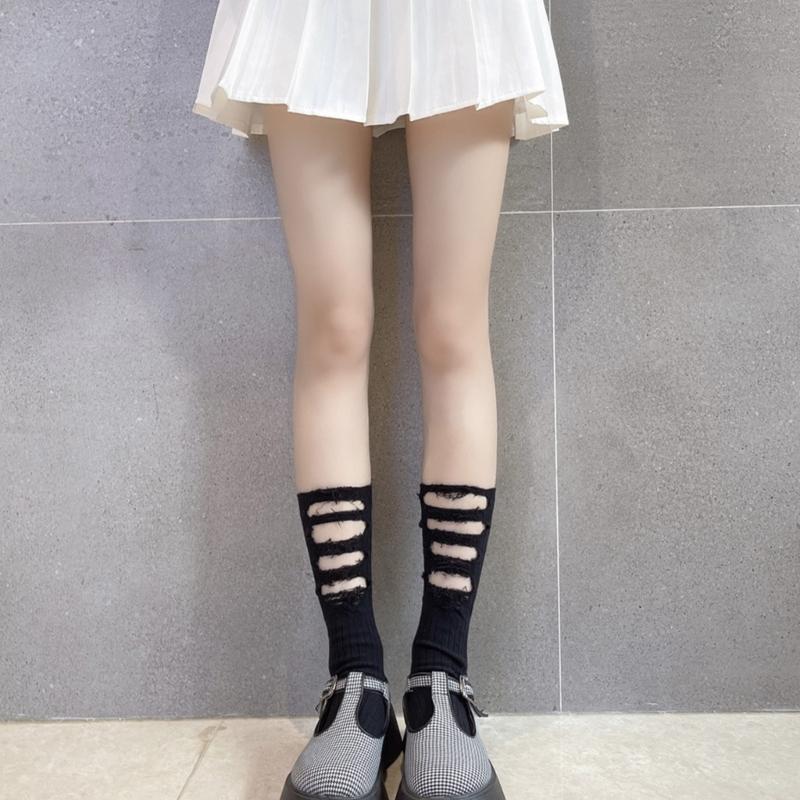 Women Gothic Ripped Holes Crew Socks Ribbed Knitted Harajuku Punk Hip Hop Skateboard Middle Tube Hosiery Streetwear