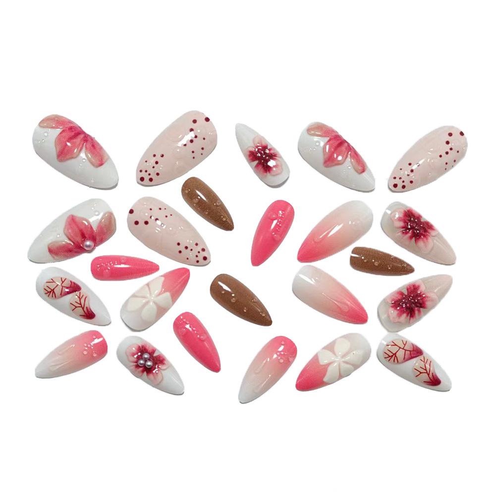 3D Floral Wearable Fake Nails - Medium Almond Shape