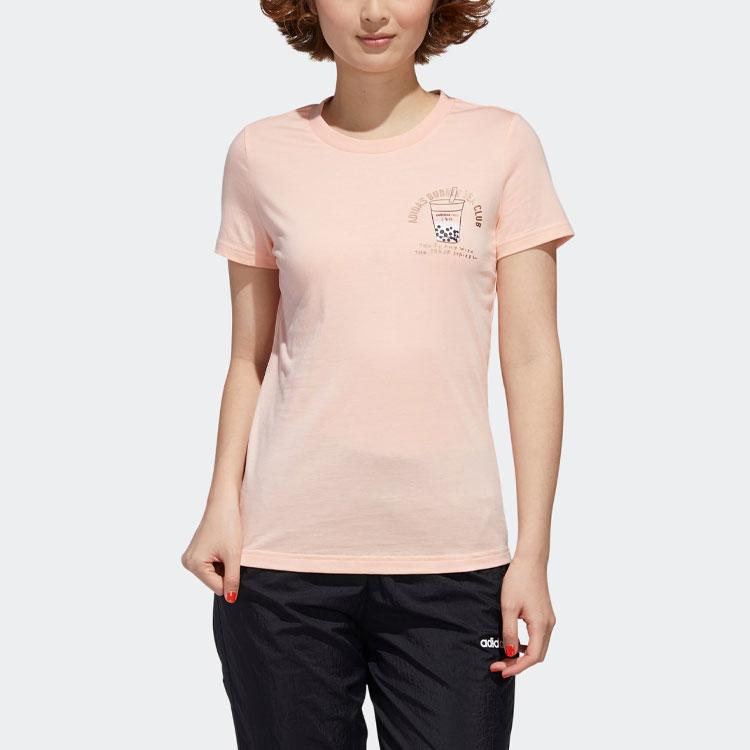 Adidas Neo Cartoon Pattern Letter Printed Round Neck Short Sleeve T-Shirt Women Tops Pink GJ5320