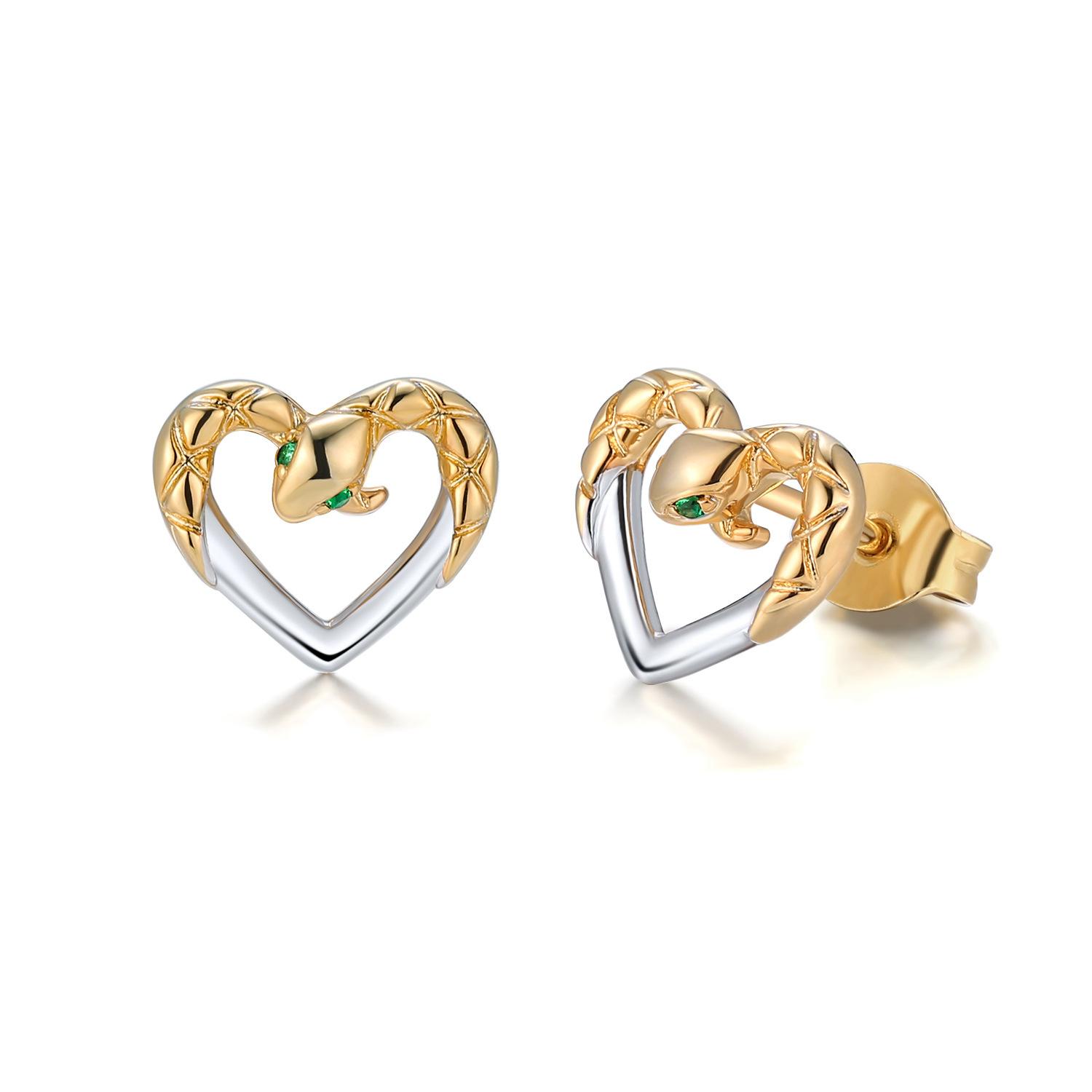 

New 14K gold-coated 925 sterling silver earrings wholesale inlaid zircon heart-shaped snake stud earrings niche European and American silver jewelry 925 silver