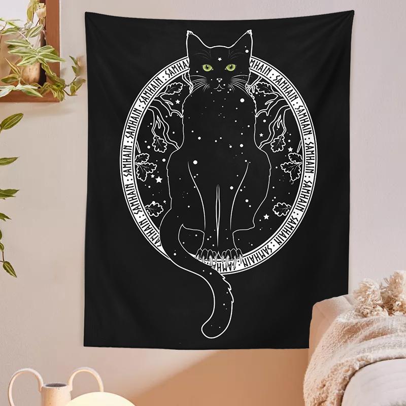 Cat Divination Tapestry Wall Hanging Tarot Cat Black Tapestries Mysterious Decoration Home Decoration Hippie Mattress Dorm Room