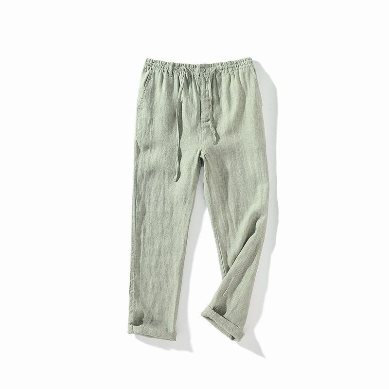 100% Pure Linen Casual Long Pants for Men, Summer Thin Style, Versatile, Chinese Style, Loose Straight-Leg Pants Green S