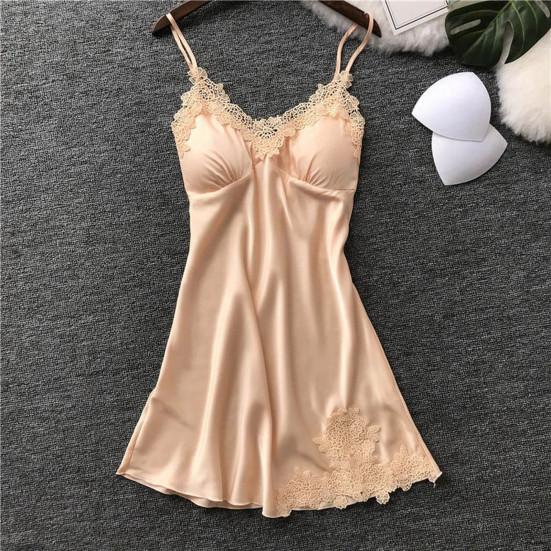 Vestaglia da Notte Sexy da Donna Scollo a V Senza Schiena Senza Maniche Patchwork di Pizzo Imbottiture Rimovibili Raso Tinta Unita Morbida Lunghezza Sopra il Ginocchio Abito da Notte da Donna