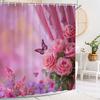 Pink Rose Butterfly Shower Curtain,Flowers And Plants Shower Curtain,Flowers Printed Polyester Fabric Bathroom Decor Curtain