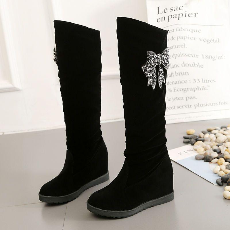 Autumn and Winter Velvet Medium and Long Boots High Heel Women's Suede Medium Boots Rhinestone Slope Heel Long Inner Height Increasing Women's Knig