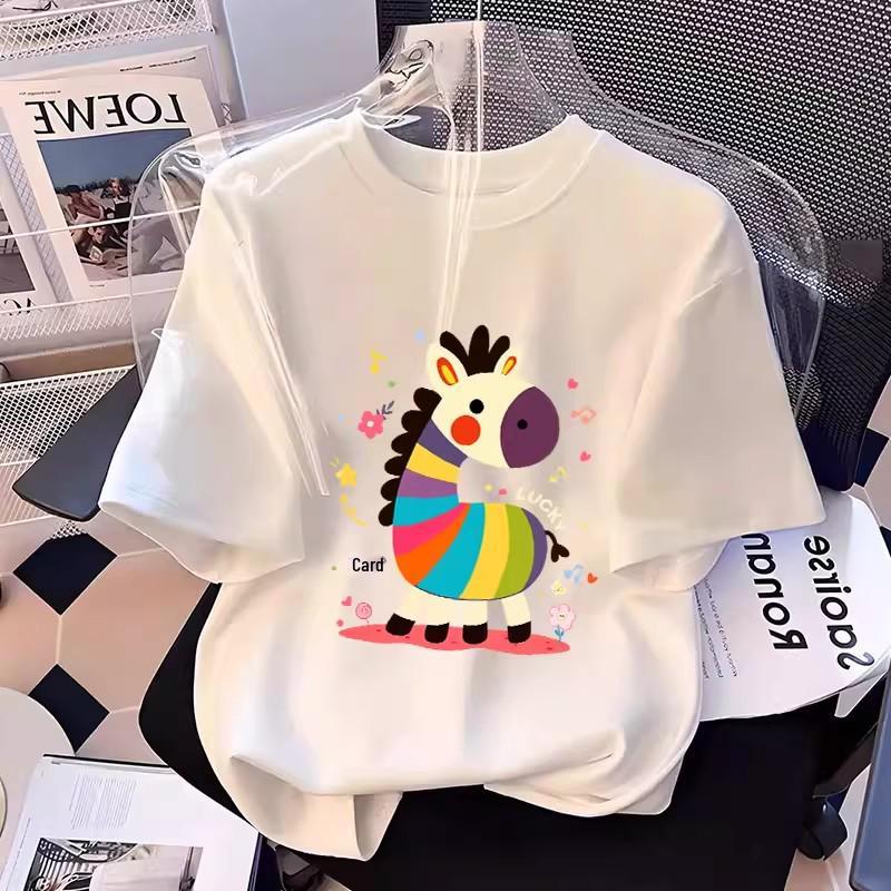 Women's Red Cartoon Pony Print Loose Cotton T-shirt, Short Sleeve, Round Neck, 2026 New Style, Zodiac Horse Year Edition