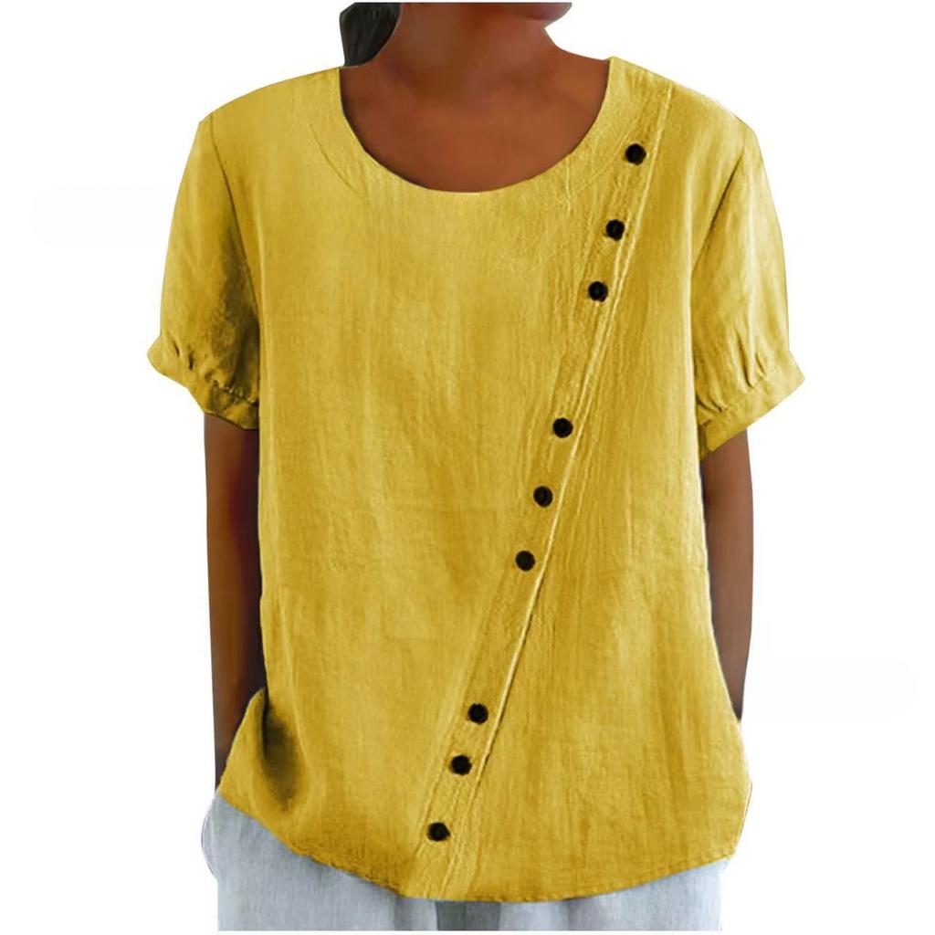 Temperament Casual Round Neck Top Cotton and Linen Button Up Women’s Blouses & Shirts